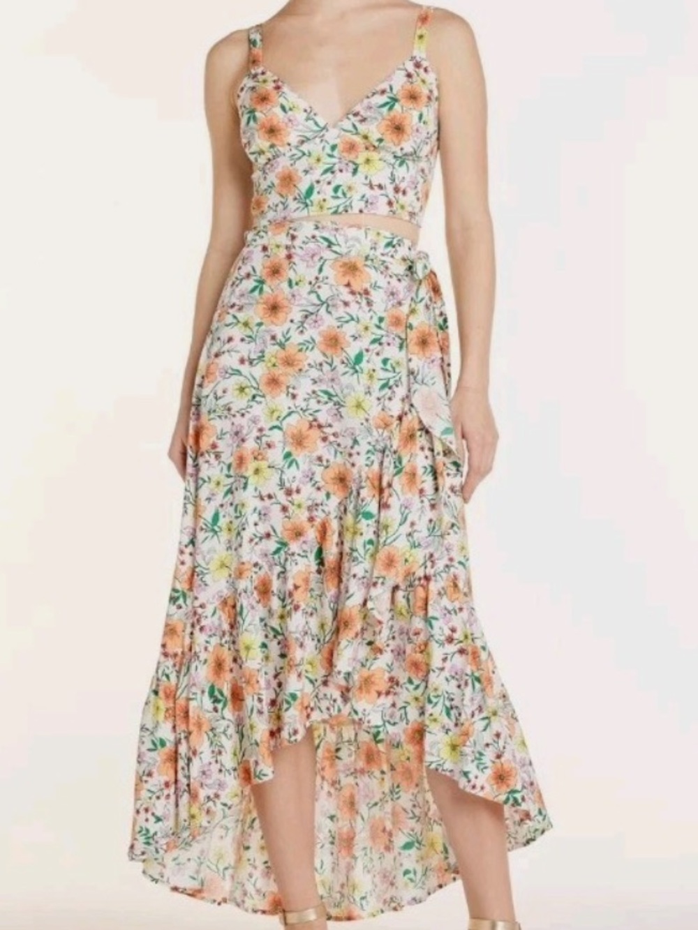 No Boundaries Floral High-Low Ruffle Skirt set - Peach & Green